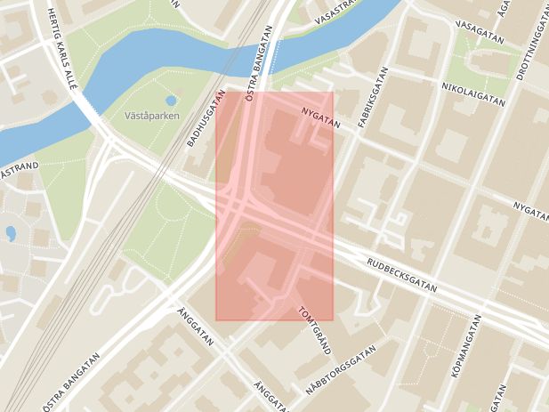 Karta som med röd fyrkant ramar in Rudbecksgatan, Trädgårdsgatan, Behrn, Örebro, Örebro län