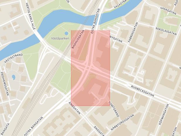 Karta som med röd fyrkant ramar in Rudbecksgatan, Östra Bangatan, Örebro, Örebro län