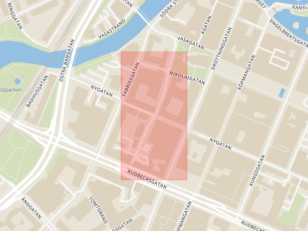 Karta som med röd fyrkant ramar in Nygatan, Kyrkogatan, Örebro, Örebro län