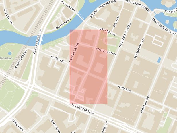 Karta som med röd fyrkant ramar in Kyrkogatan, Örebro, Örebro län
