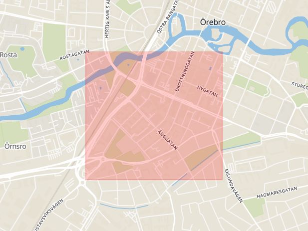 Karta som med röd fyrkant ramar in Kungsgatan, Örebro, Örebro län