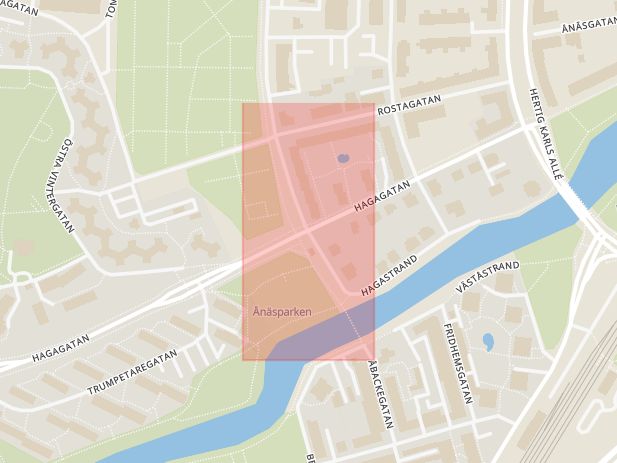 Karta som med röd fyrkant ramar in Älvtomtagatan, Hagagatan, Örebro, Örebro län