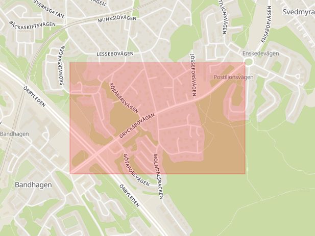 Karta som med röd fyrkant ramar in Stureby, Grycksbovägen, Stockholm, Stockholms län