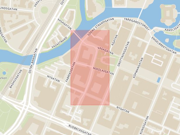 Karta som med röd fyrkant ramar in Nikolaigatan, Örebro, Örebro län