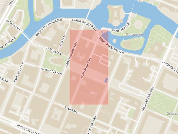 Karta som med röd fyrkant ramar in Köpmangatan, Stortorget, Örebro, Örebro län