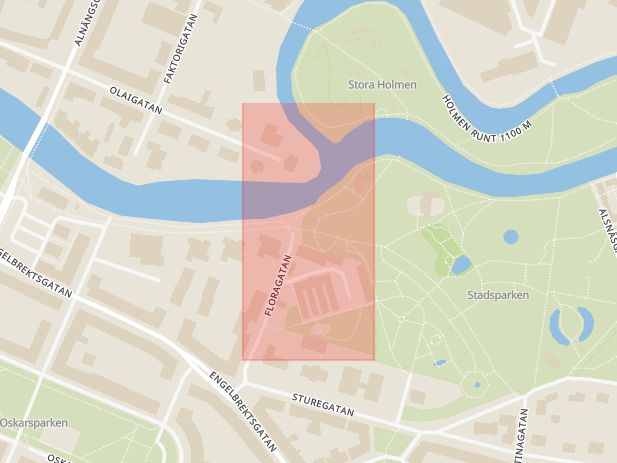 Karta som med röd fyrkant ramar in Oskarstorget, Stadsparken, Örebro, Örebro län