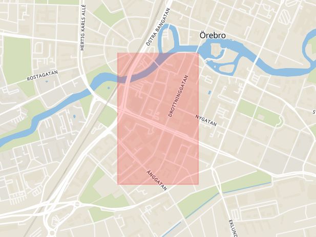 Karta som med röd fyrkant ramar in Drottninggatan, Orange, Örebro, Örebro län