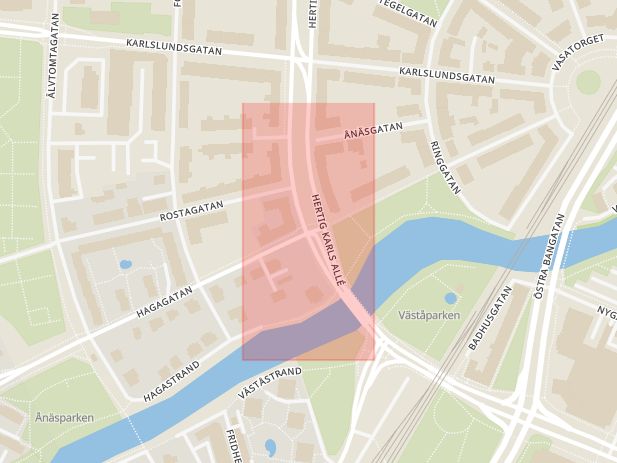 Karta som med röd fyrkant ramar in Rosta, Hagagatan, Hertig Karls Allé, Örebro, Örebro län
