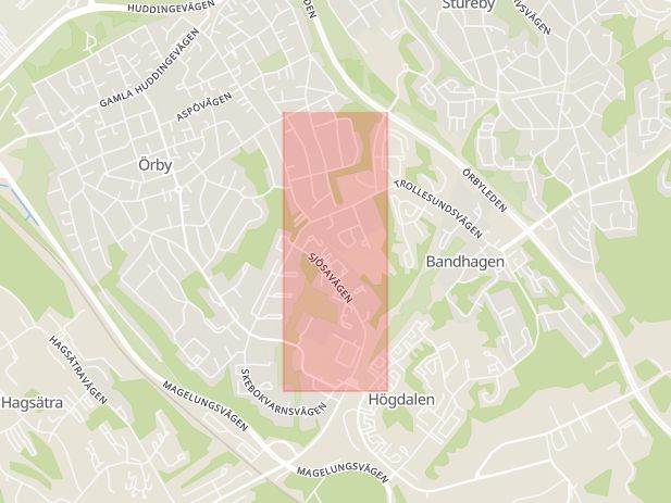 Karta som med röd fyrkant ramar in Bandhagen, Skebokvarnsvägen, Stockholm, Stockholms län