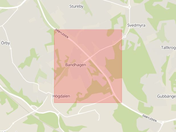 Karta som med röd fyrkant ramar in Örbyleden, Bandhagen, Stockholm, Stockholms län