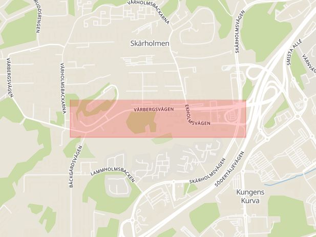 Karta som med röd fyrkant ramar in Skärholmen, Vårbergsvägen, Stockholm, Stockholms län