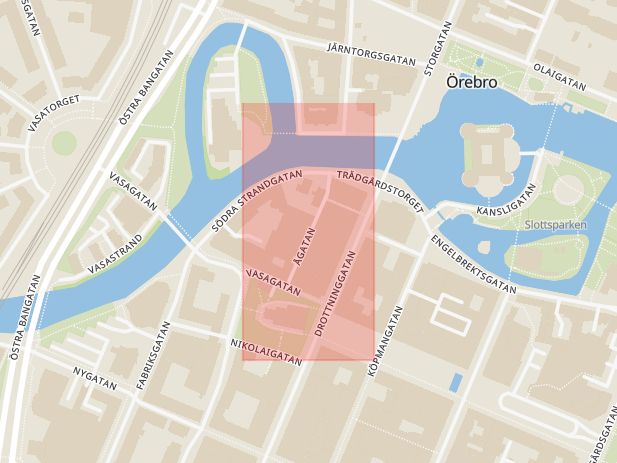 Karta som med röd fyrkant ramar in Ågatan, Örebro, Örebro län