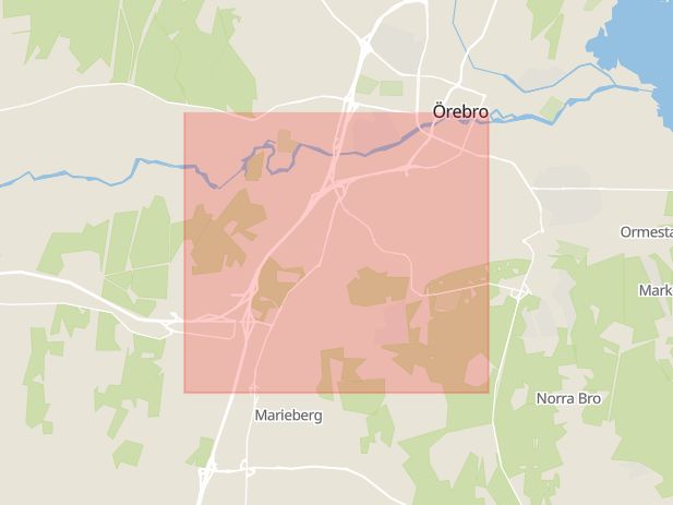 Karta som med röd fyrkant ramar in Örebro, Adolfsberg, Hallsberg, Vretstorp, Kumla, Brändåsen, Örebro län