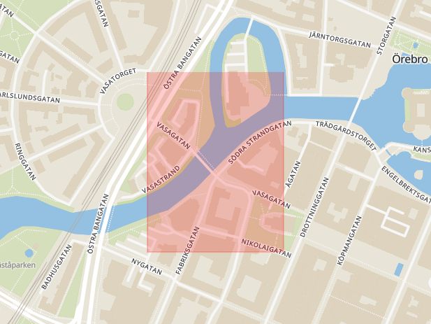 Karta som med röd fyrkant ramar in Vasagatan, Örebro, Örebro län