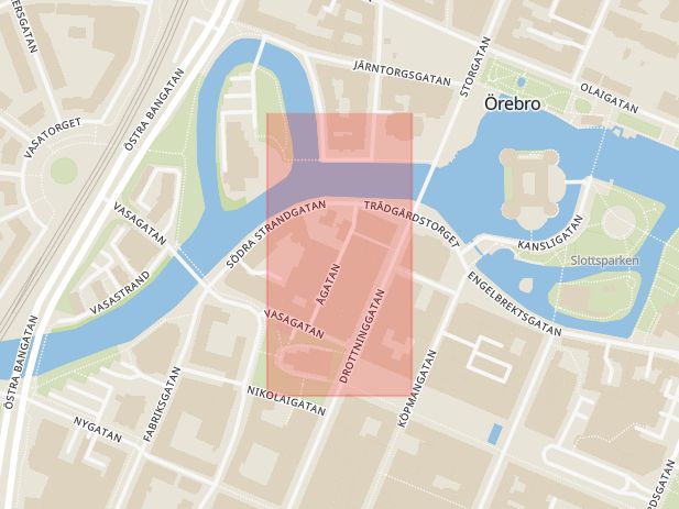 Karta som med röd fyrkant ramar in Drottninggatan, Ågatan, Örebro
