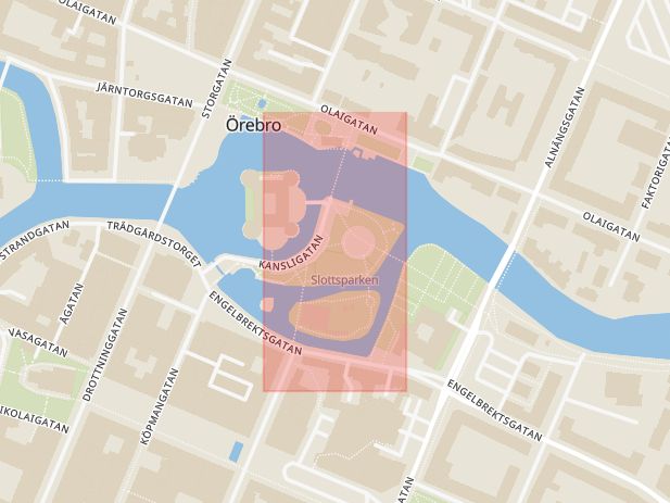 Karta som med röd fyrkant ramar in Järntorget, Slottsparken, Örebro, Örebro län