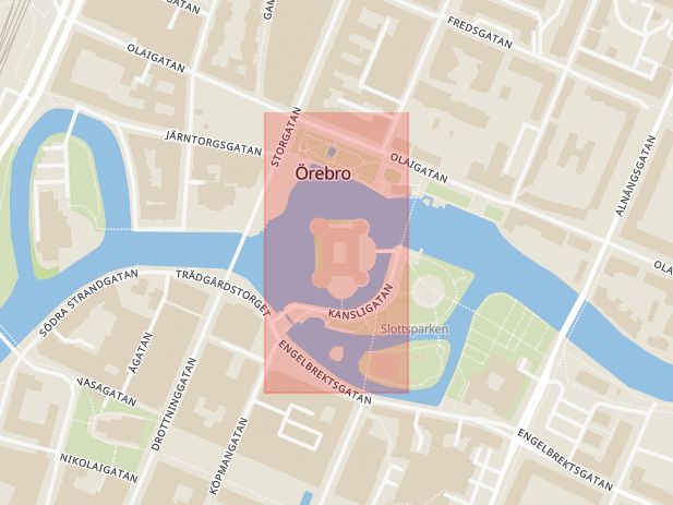 Karta som med röd fyrkant ramar in Slottet, Örebro, Örebro län