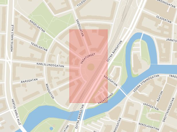 Karta som med röd fyrkant ramar in Vasatorget, Svartån, Örebro, Örebro län
