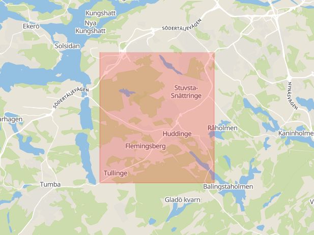 Karta som med röd fyrkant ramar in Huddingevägen, Flemingsberg, Huddinge, Stockholms län