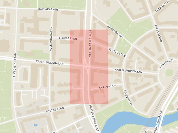 Karta som med röd fyrkant ramar in Hertig Karls Allé, Karlslundsgatan, Örebro, Örebro län