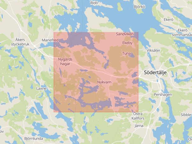 Karta som med röd fyrkant ramar in Strängnäsvägen, Nykvarn, Stockholms län