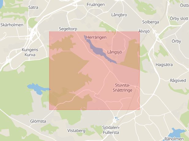 Karta som med röd fyrkant ramar in Snättringe, Haninge Kommun, Huddinge Kommun, Huddinge, Stockholms län