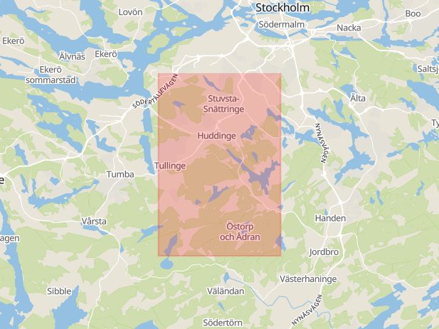 Karta som med röd fyrkant ramar in Flemingsberg, Huddinge, Stockholms län
