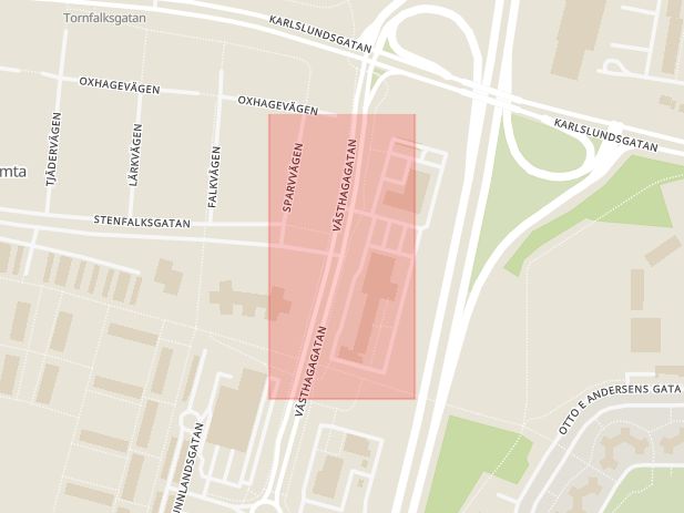 Karta som med röd fyrkant ramar in Västhaga, Skäpplandsgatan, Västhagagatan, Örebro län