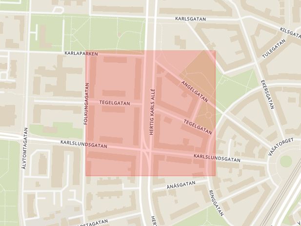 Karta som med röd fyrkant ramar in Tegelgatan, Örebro, Örebro län