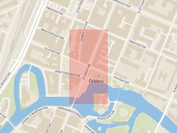 Karta som med röd fyrkant ramar in Storgatan, Järntorget, Stortorget, Örebro, Örebro län