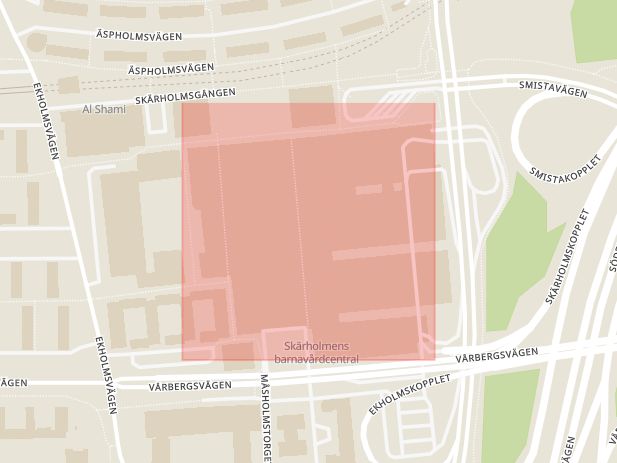 Karta som med röd fyrkant ramar in Skärholmen, Skärholmens Centrum, Stockholm, Stockholms län