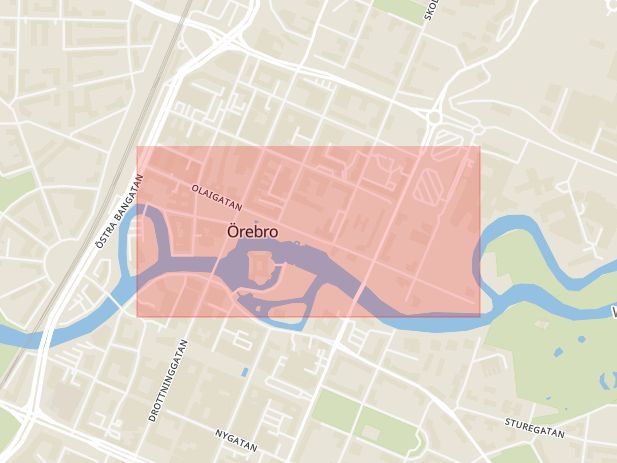 Karta som med röd fyrkant ramar in Olaigatan, Örebro, Örebro län