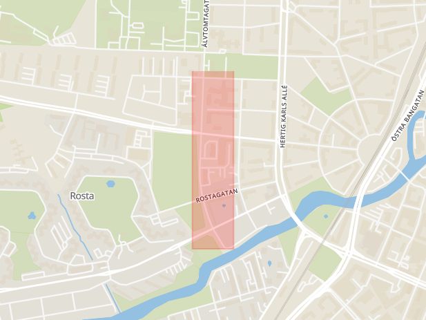 Karta som med röd fyrkant ramar in Älvtomtagatan, Rosta, Örebro, Örebro län