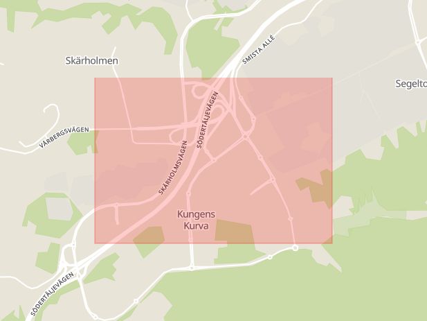 Karta som med röd fyrkant ramar in Kungens Kurva, Segeltorp, Huddinge, Stockholms län