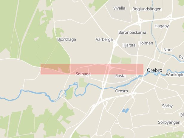 Karta som med röd fyrkant ramar in Karlslundsgatan, Örebro, Örebro län