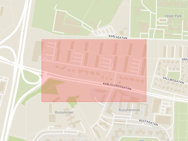 Karta som med röd fyrkant ramar in Tengvallsgatan, Örebro, Örebro län