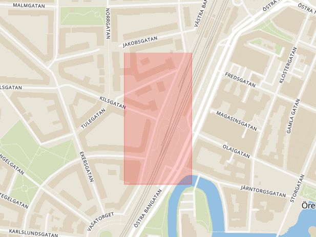 Karta som med röd fyrkant ramar in Kilsgatan, Västra Bangatan, Örebro, Örebro län