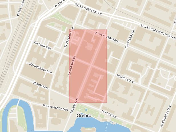 Karta som med röd fyrkant ramar in Lucullus, Storgatan, Örebro, Örebro län