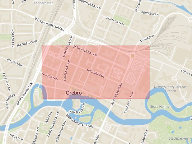 Karta som med röd fyrkant ramar in Fredsgatan, Örebro, Örebro län