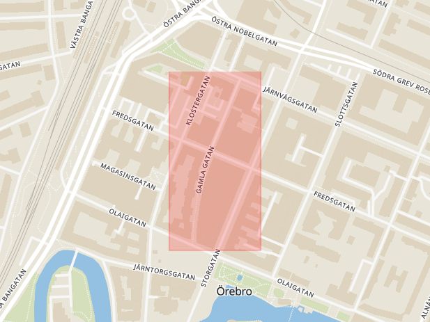 Karta som med röd fyrkant ramar in Gamla Gatan, Örebro, Örebro län