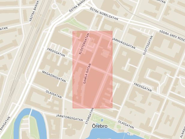 Karta som med röd fyrkant ramar in Gamla Gatan, Kyrkogatan, Örebro, Örebro län