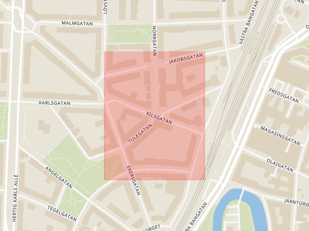 Karta som med röd fyrkant ramar in Kilsgatan, Örebro, Örebro län