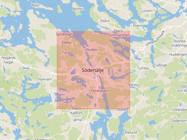 Karta som med röd fyrkant ramar in Södertälje, Botkyrka, Hägersten, Stockholms län