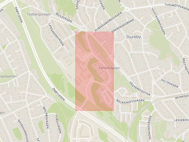 Karta som med röd fyrkant ramar in Stureby, Bastuhagsvägen, Stockholm, Stockholms län