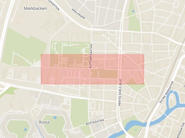 Karta som med röd fyrkant ramar in Karlsgatan, Örebro, Örebro län