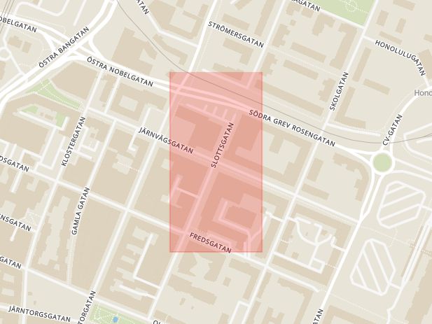 Karta som med röd fyrkant ramar in Järnvägsgatan, Slottsgatan, Örebro, Örebro län