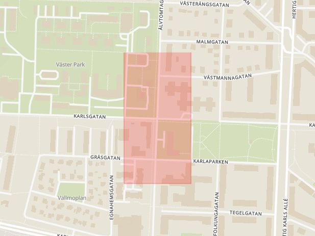 Karta som med röd fyrkant ramar in Karlsgatan, Älvtomtagatan, Örebro, Örebro län