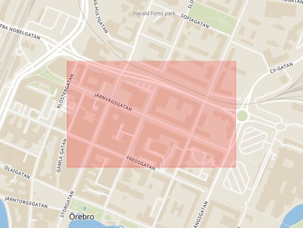 Karta som med röd fyrkant ramar in Järnvägsgatan, Örebro, Örebro län