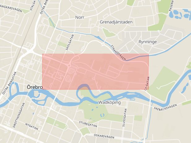 Karta som med röd fyrkant ramar in Södra Grev Rosengatan, Örebro, Örebro län
