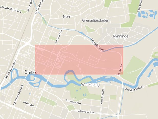 Karta som med röd fyrkant ramar in Södra Grev Rosengatan, Örebro, Örebro län